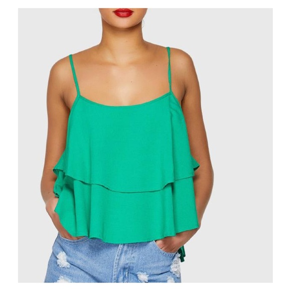 MBM Unlimited Tops - Green Solid Ruffle Layered Cami Top